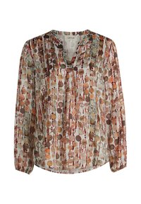 Durchsichtige Bluse mit V-Ausschnitt, langen Ärmeln und einem mehrfarbigen Muster aus Kreisen in Brauntönen, Rot und Beige.
