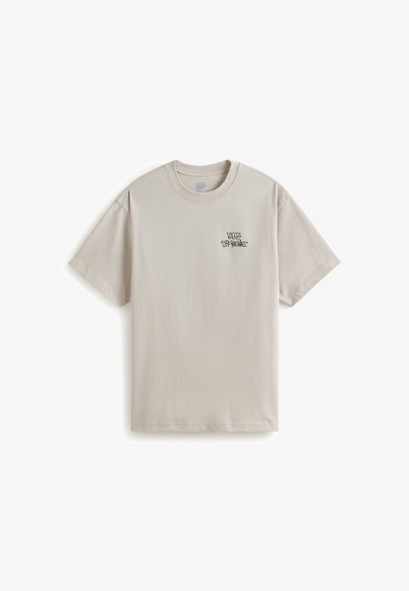 T-shirt in cotone beige con maniche corte, collo a giro, e una piccola stampa grafica nera nella zona sinistra del petto. Texture liscia.