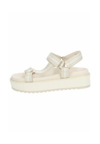 Sandali platform con tomaia sintetica crema, caratterizzati da cinturini intrecciati e fibbie regolabili. Suola in gomma leggera con battistrada testurizzato.