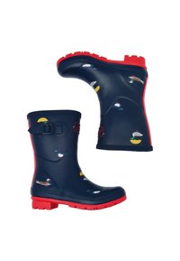 Stivali di gomma blu per la pioggia con suole rosse, caratterizzati da anatre stampate e ombrelli. Include un dettaglio con fibbia sul lato.