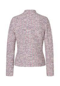 Strukturierte, gewebte Blazer in Pastellrosa, Grau und Weiß. Mit langen Ärmeln und hohem Kragen. Gemusterter Stoff mit taillierter Passform.