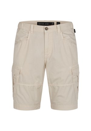 Beige Cargo-Shorts aus leichtem Stoff, ausgestattet mit zwei Seitentaschen und zwei großen Taschen, mit gestickten Details und einem Knopfverschluss.