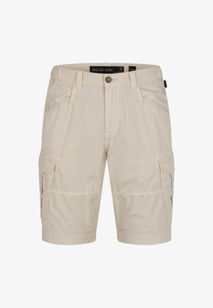 Beige cargo kraťasy vyrobené z lehké tkaniny, s dvěma bočními kapsami a dvěma velkými cargo kapsami, se šitými detaily a knoflíkovým zapínáním.