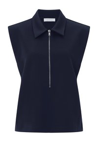 Sötétkék, ujjatlan felső gallérral és elöl cipzárral. Sima anyag, strukturált formával. Minimalista dizájn és tiszta vonalak.