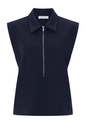 Tyrkysový modrý tops bez rukávov s golierom a predným zipsom. Jemná tkanina so štruktúrovaným tvarom. Minimalistický dizajn a čisté línie.