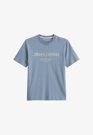 T-shirt di cotone azzurro chiaro con maniche corte e scollo rotondo. Presenta testo stampato bianco ed elementi grafici sul davanti.