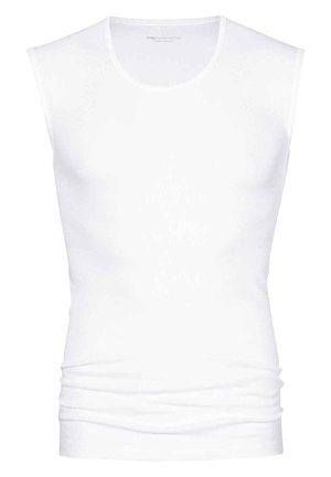 White sleeveless shirt made of smooth cotton, featuring a rounded neckline and a fitted design with subtle wrinkling at the waist.