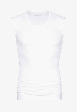 White sleeveless shirt made of smooth cotton, featuring a rounded neckline and a fitted design with subtle wrinkling at the waist.