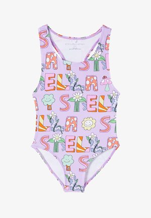 Costume da bagno intero viola con motivi giocosi di fiori, lettere, faccine sorridenti e forme, realizzato in tessuto elastico e liscio.