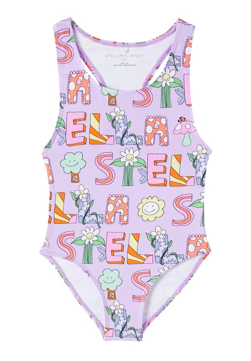 Costume da bagno intero viola con motivi giocosi di fiori, lettere, faccine sorridenti e forme, realizzato in tessuto elastico e liscio.