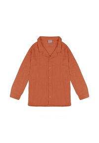 Rost-orange Langarmhemd mit Knopfleiste, entspanntem Kragen und leichtem, strukturiertem Stoff.