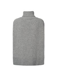 Hall hallitustest poncho, millel on kõrge soonikuga krae ja soonikuga ääris. Pehme tekstuur, mõeldud soojuseks ja katvuseks, lahtise lõikega.