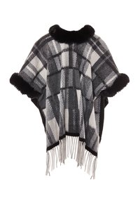 Poncho a quadri grigi e bianchi con bordo in pelliccia sintetica, caratterizzato da frange lungo il margine inferiore e un design morbido e fluido.