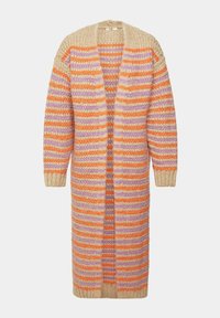 Lång cardigan i stickat material, med horisontella ränder i orange, lavendel och beige, öppen framtill och med ribbade ärmslut.