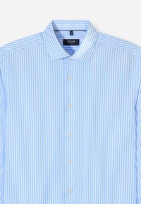 Hellblau und weiß gestreifte Bluse mit klassischem Kragen, ausgestattet mit sieben Knöpfen und einer glatten Stoffoberfläche.