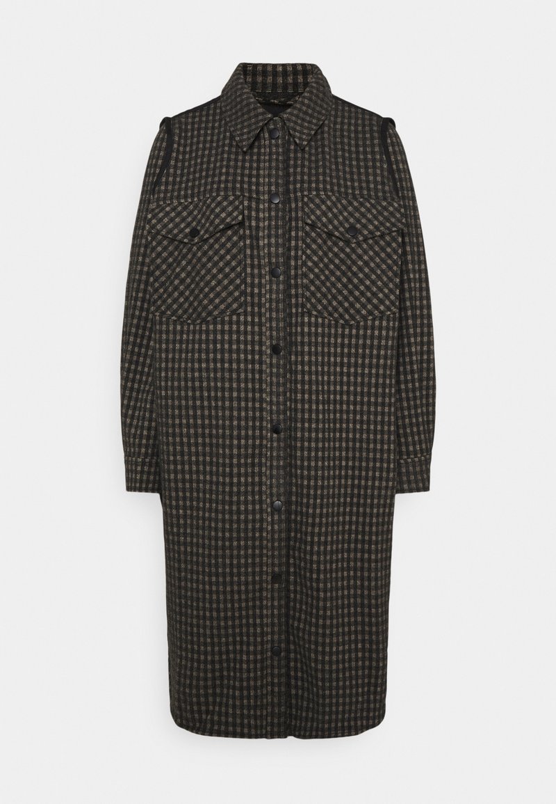 Svart och brun rutig skjortklänning med två bröstfickor, knappstängning framtill och krage. Tillverkad av ett texturerat tyg.