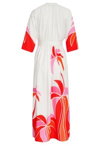 White dress with short, wide sleeves, featuring a vibrant floral pattern in red and pink. Includes a tied waist and flowing silhouette.