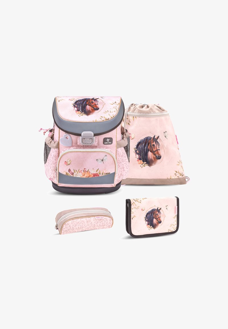 Rosa Schulranzen-Set mit Pferdeporträt, floralen und Schmetterlingsmotiven, bestehend aus einem Rucksack, einem Zugbeutel, einem Federmäppchen und einer Geldbörse.