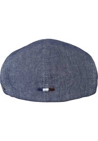 Blue textured cap with a round shape and flat crown. Features a small logo tag in blue, white, and brown on the side.