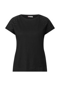 T-shirt noir à manches courtes en coton, offrant une texture douce et agrémenté de clous en argent sur les épaules. Design classique avec un col rond.