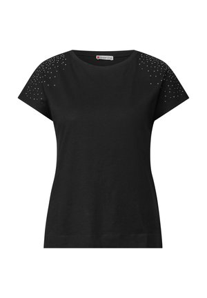 T-shirt noir à manches courtes en coton, offrant une texture douce et agrémenté de clous en argent sur les épaules. Design classique avec un col rond.