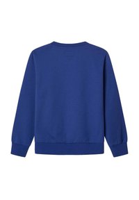 Felpa blu con scollo rotondo, maniche lunghe e orlo a costine. Tessuto liscio, colore uniforme, senza pattern o decorazioni.