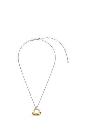 Silberne Kettenhalskette mit verstellbarem Verschluss, die einen goldenen dreieckigen Anhänger mit einer kleinen Reihe von Diamanten akzentuiert.