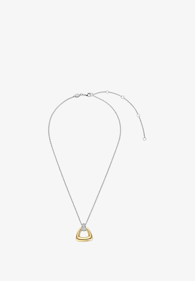 Silberne Kettenhalskette mit verstellbarem Verschluss, die einen goldenen dreieckigen Anhänger mit einer kleinen Reihe von Diamanten akzentuiert.