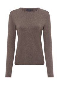 Bruine langemouw sweater van ribgebreide stof. Ronde halslijn, aansluitende vorm en rechte zoom. Etiket met "Franco Callegari" maat S.