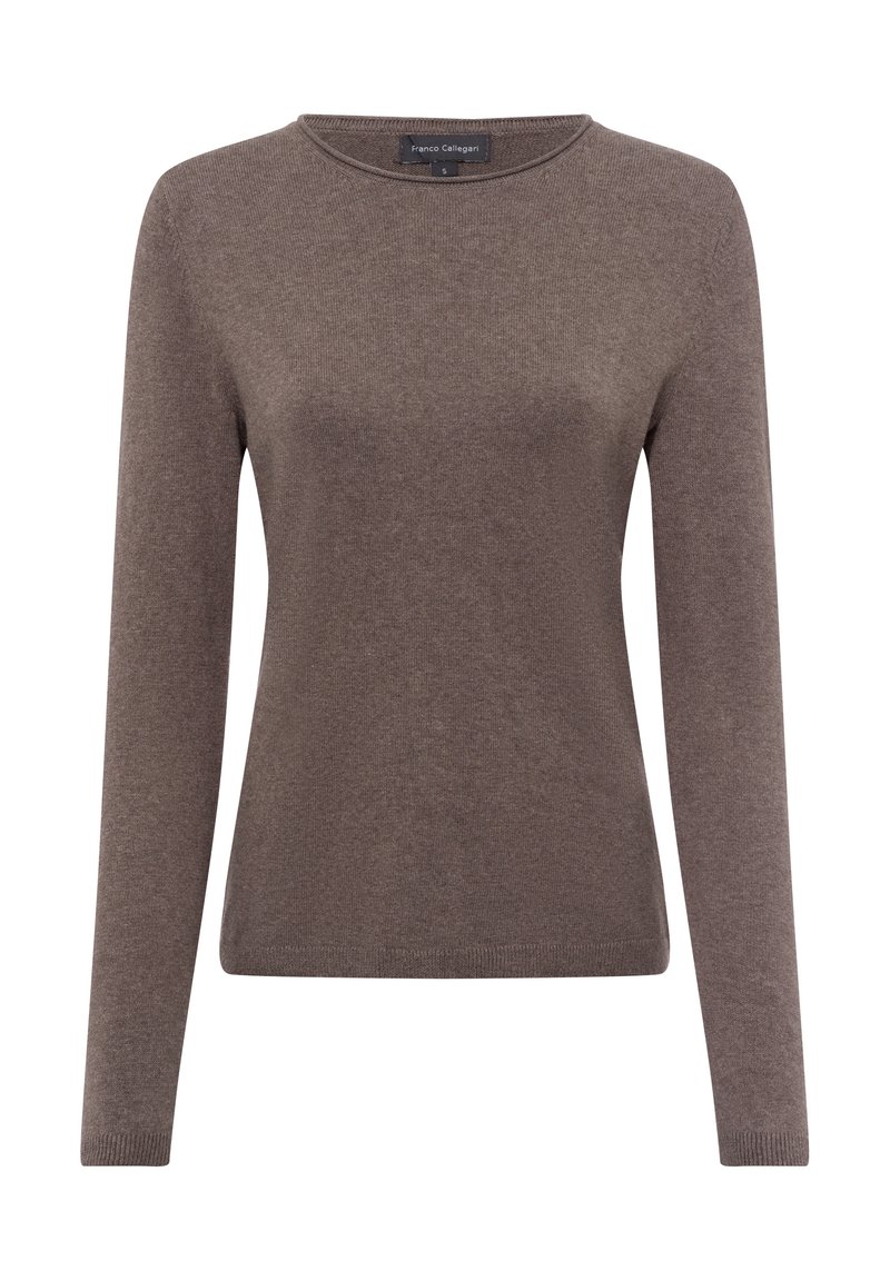 Bruine langemouw sweater van ribgebreide stof. Ronde halslijn, aansluitende vorm en rechte zoom. Etiket met "Franco Callegari" maat S.