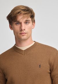 Brun V-ringad tröja i mjukt stickat tyg med ribbade muddar och en liten logga på vänster bröst. Mjuk textur med en figurnära passform.