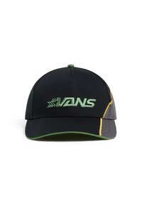 Schwarze Kappe mit grünen Akzenten und gelben Nähten. Verfügt über ein gesticktes "VANS"-Logo auf der Vorderseite. Gebogener Schild und verstellbarer Rücken.