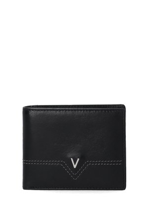 Black leather wallet with a smooth texture, featuring a silver-tone logo and contrasting stitching in a geometric pattern. Compact rectangular shape.