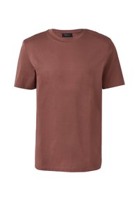 Hnedé tričko s krátkym rukávom vyrobené z mäkkej bavlny. Má okrúhly výstrih a hladkú, jednofarebnú textúru. Ideálne na bežné nosenie.