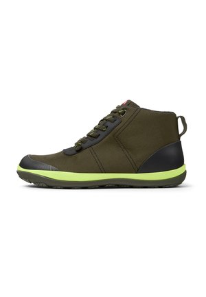 Olive green high-top shoes with black accents, textured fabric, round laces, and a lime green sole. Features a black heel and pull tab.