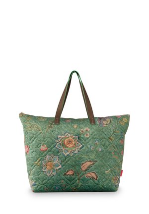 Green quilted tote bag with colorful floral embroidery and brown handles, shown against a white background.