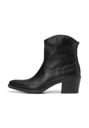 Bottines en cuir noir avec un bout pointu, un haut courbé et un talon empilé. Présente des coutures légèrement surélevées le long des côtés.