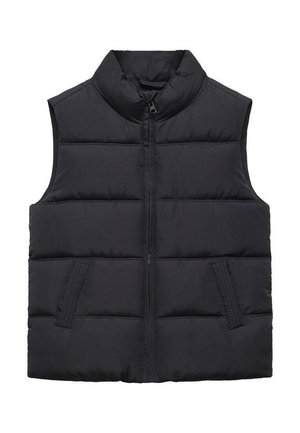 Czarna pikowana kamizelka bez rękawów z przednim zamkiem błyskawicznym, wysokim kołnierzem i dwoma bocznymi kieszeniami z poziomym ozdobnym przeszyciem.
