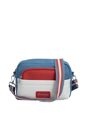 Petit sac bandoulière avec des sections bleu, rouge et blanc, une poche avant zippée et une sangle d'épaule réglable à rayures.