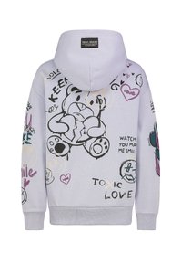 Lichtpaarse hoodie met een ontspannen pasvorm. Bevat cartoonbeerafbeeldingen en handgeschreven tekst in verschillende kleuren. Zacht materiaal, standaard hoodieontwerp.