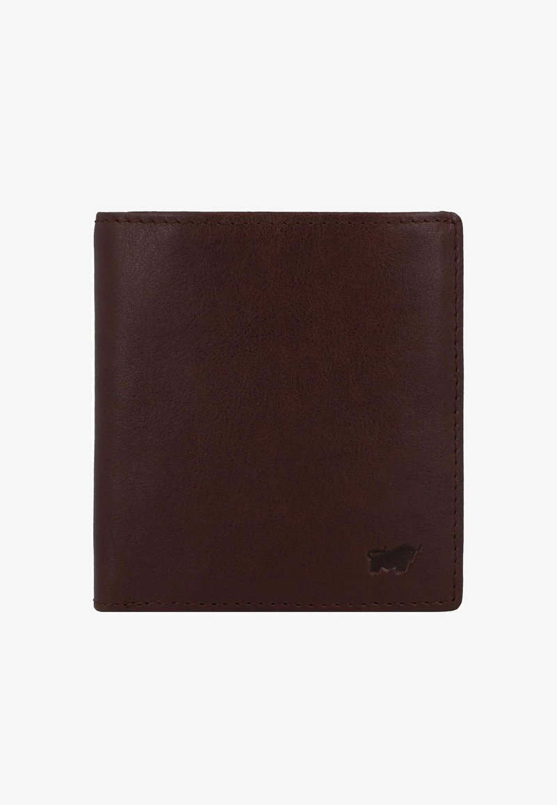 Portafoglio in pelle marrone con una superficie liscia, design pieghevole a due ante e un piccolo logo impresso nell'angolo in basso a destra.