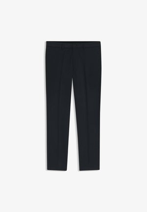 Tengerészkék egyenes szabású nadrág, lapos elülső résszel, két elülső zsebbel és finom gyűrődéssel. Simább, könnyű anyagból készült.