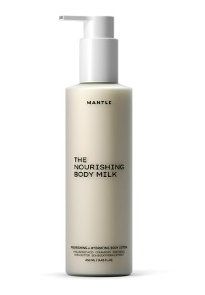 Mantle The Nourishing Body Milk lotionflaske med pumpe, 250 ml, med ingredienser som hyaluronsyre, ceramider og sheasmør.