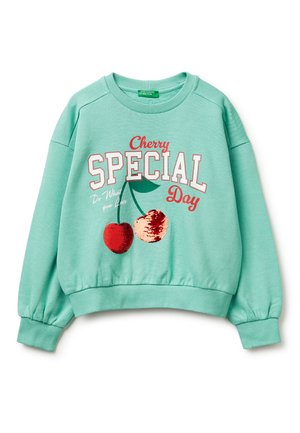 Minzgrünes Sweatshirt mit roten und pinkfarbenen Pailletten-Kirschen sowie dem Text "Cherry Special Day" und "Do What You Love" auf der Vorderseite.