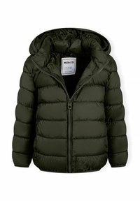 Veste matelassée vert foncé avec capuche, fermeture éclair intégrale, design matelassé et texture brillante. Convient aux enfants de 5 ans.