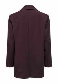 Veste blazer manches longues violet foncé avec une couture centrale dans le dos et un col classique, affichée sur un fond blanc uni.