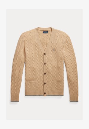 Cardigan beige a maglia con scollo a V, cinque bottoni marroni, due tasche frontali e bordatura grigia sui polsini e l'orlo. Logo sul lato sinistro del petto.