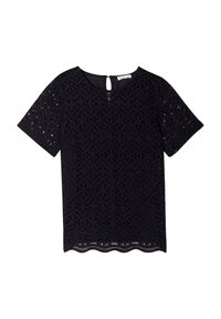 Top in pizzo nero con motivo floreale, maniche corte, orlo scallop e chiusura a fessura sulla schiena. Tessuto testurizzato con trama aperta.