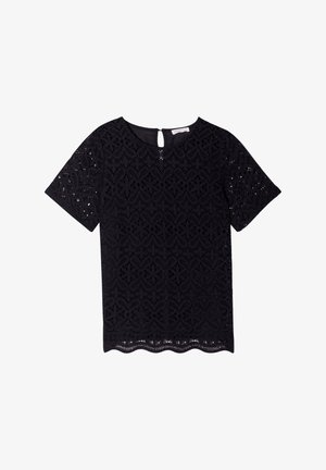 Schwarzes Spitzenoberteil mit floralem Muster, kurzen Ärmeln, gewelltem Saum und einer Schlüsselrückenöffnung. Strukturierter Stoff mit offener Webart.