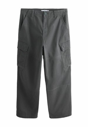 Dark gray cargo pants with side flap pockets, belt loops, front button, and zipper closure, shown flat on a white background.